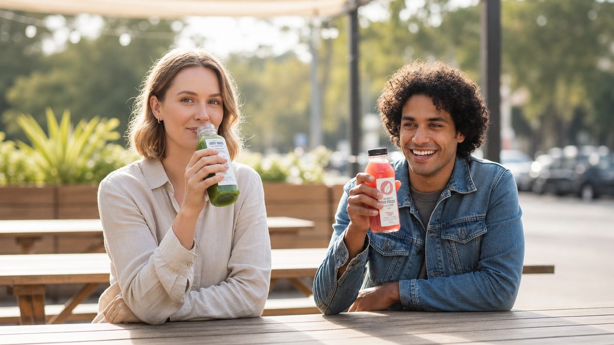 Two friends at an outdoor café table with custom-branded cold-pressed drinks, one green and one raspberry.